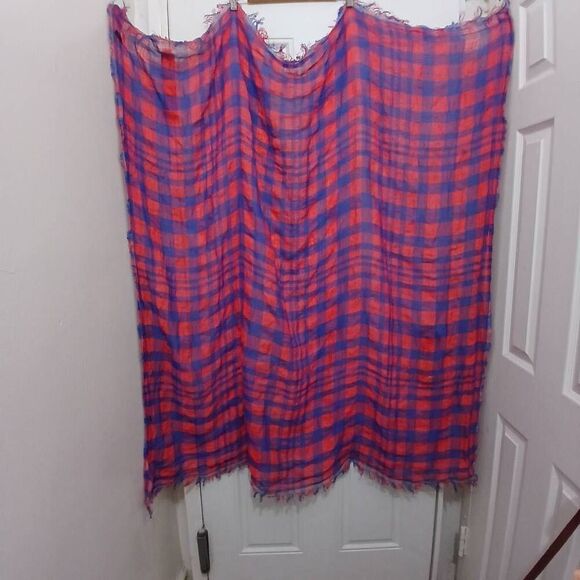 J crew women Italian linen huge Buffalo Plaid poncho scarf wrap blue red square - Picture 2 of 6